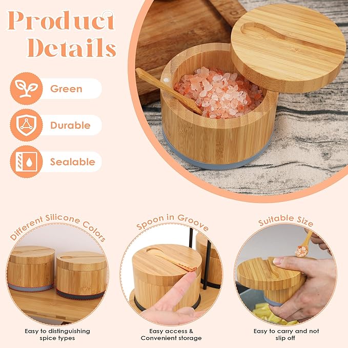 Bamboo Salt Cellar with Lid And Spoon, Grey Salt Box - Easy to Distinguish Spice In The Bowl, Salt Container With Magnetic Swivel Lid For Herbs Or Seasonings