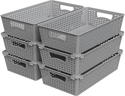 Simple Houseware Stackable Plastic Woven Basket Organizer, 6 Pack, 14.5" x 8.5" x 3.5", Gray