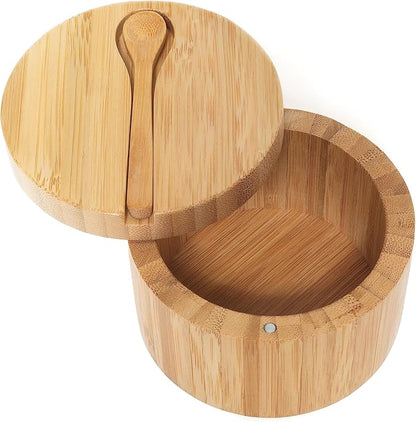 Lipper International Bamboo Wood Salt and Spice Box with Spoon and Swivel Cover, 4" Diameter x 2.75" Tall