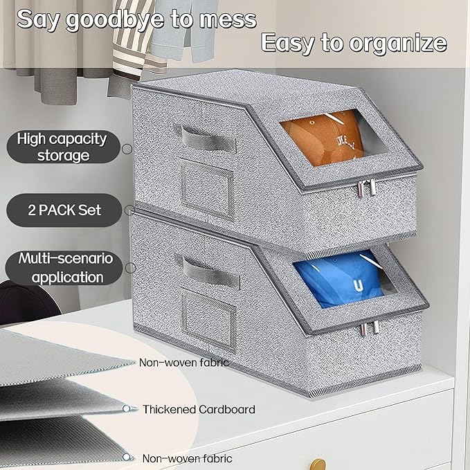 2 Pcs Stackable Hat Storage for Baseball Caps With Breathable Clear Window Lid, Flip-Top Access,Dust-Proof Zipper,Durable Cardboard Base,Space-Saving Cap Box