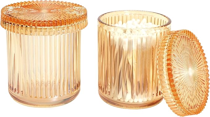 2Pack Vintage Lead-Free Glass Qtip Holder with Dust-Proof Lid, 3.5inch Diameter Storage Canister (Amber)