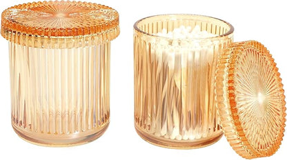 2Pack Vintage Lead-Free Glass Qtip Holder with Dust-Proof Lid, 3.5inch Diameter Storage Canister (Amber)