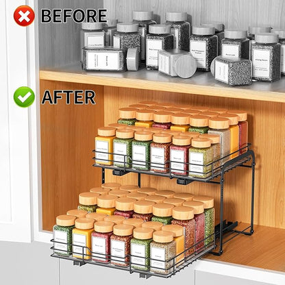 RCHYFEED Spice Rack Organizer for Cabinet, 2 Tier Slide out Spice Organization for Inside Cabinets & Pantry, Heavy Duty Adjustable Metal Spice Racks for Seasoning Organizer (13.5" Wx10.5 Dx9.5 H)