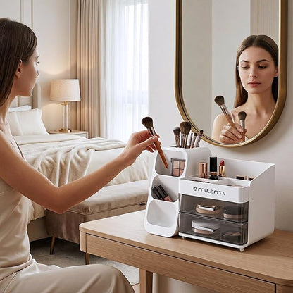 Makeup Organizer with Drawers, Large Capacity Cosmetic & Skincare Storage Box, Countertop Vanity Organizer for Bathroom, Bedroom & Dresser, ABS Plastic, White