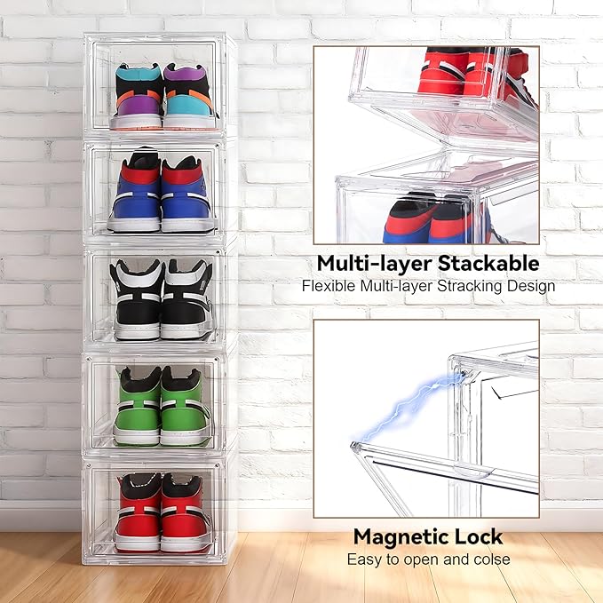 BVBOX 12 Pack Acrylic Shoe Storage Boxes with Magnetic Door - 360° Clear Stackable Shoe Display Box Set, Plastic Shoe Cabinet Rack Box for Sneakers Heels Shoes (12, Clear, L - Front Open)