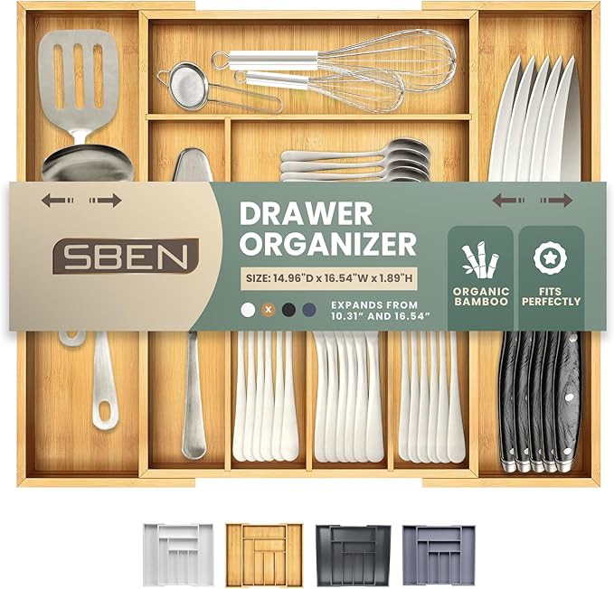 Sben Expandable Drawer Organizer for Utensils Holder, Adjustable Cutlery Tray, Wood Drawer Dividers Organizer for Silverware, Flatware, Knives for Kitchen (Bamboo, Medium)