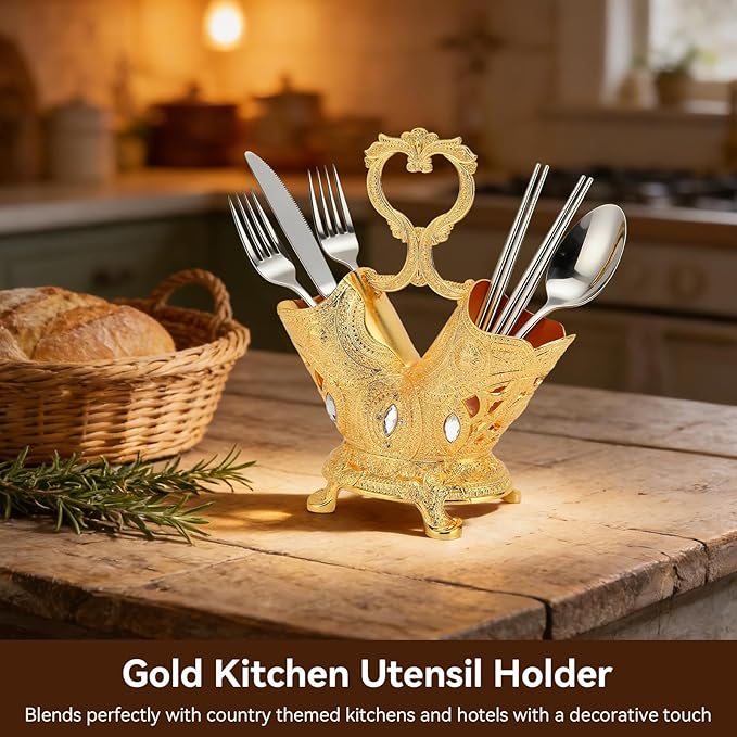 Cyrank Vintage Utensil Holder, Gold Kitchen Utensil Holder for Countertop Metal Utensil Organizer Silverware Caddy Storage Holder for Flatware, Cutlery, Spoon, Fork