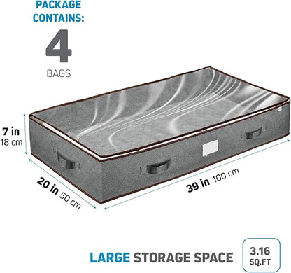 Under Bed Storage Bins - Pack Of 4 Under The Bed Storage Containers For Clothes, Blankets, Winter Clothing, & Shoes - Underbed Storage Containers With Handles, Dual Zippers, & Clear Top