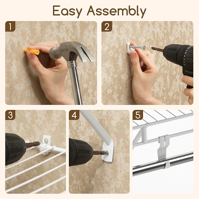 COSTWAY Closet Shelves Wall Mounted, Closet Shelf with Hanging Rod, Ventilated Metal Wire Shelving Kit, Wire Wall Shelf for Laundry Room, Bedroom, Home, Mounting Accessories Included (4 ft x 12 in)
