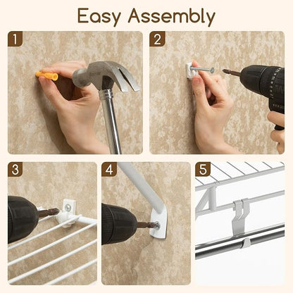COSTWAY Closet Shelves Wall Mounted, Closet Shelf with Hanging Rod, Ventilated Metal Wire Shelving Kit, Wire Wall Shelf for Laundry Room, Bedroom, Home, Mounting Accessories Included (4 ft x 12 in)