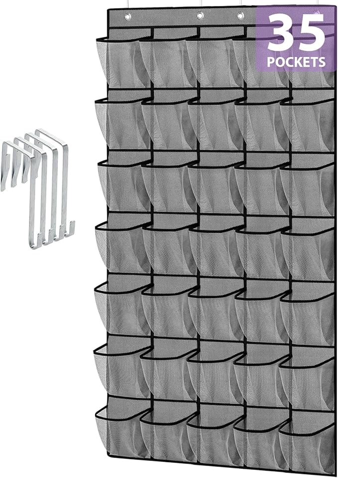 homyfort 35 Large Pockets Over the Door Shoe Organizer, Extra Sturdy Oxford Fabric Hanging Shoe Rack for Door Closet, Wall Mesh Shoe Storage Holder for Mens Women Shoes (Grey)