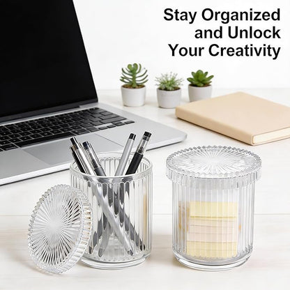 2 Pack Glass Qtip Holder Dispenser Set - Bathroom Organizer for Cotton Swabs, Balls, Pads, Floss Picks - Clear Apothecary Jars for Vanity, Makeup Storage, Bathroom Accessories Decor (Clear)