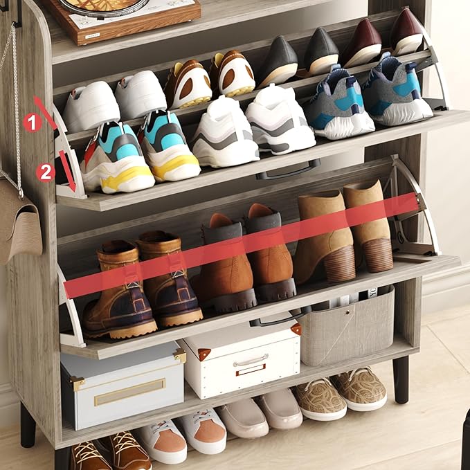 HOMEFORT Shoe Storage Cabinet for Entryway, 30" Freestanding Organizer with Two Flip Drawers, Narrow Hidden Shoe Rack with Wood Legs, Farmhouse Shoe Cabinet for Front Door Entrance,Washed Gray