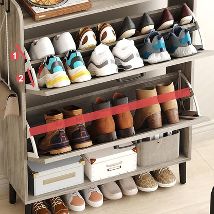 HOMEFORT Shoe Storage Cabinet for Entryway, 30" Freestanding Organizer with Two Flip Drawers, Narrow Hidden Shoe Rack with Wood Legs, Farmhouse Shoe Cabinet for Front Door Entrance,Washed Gray