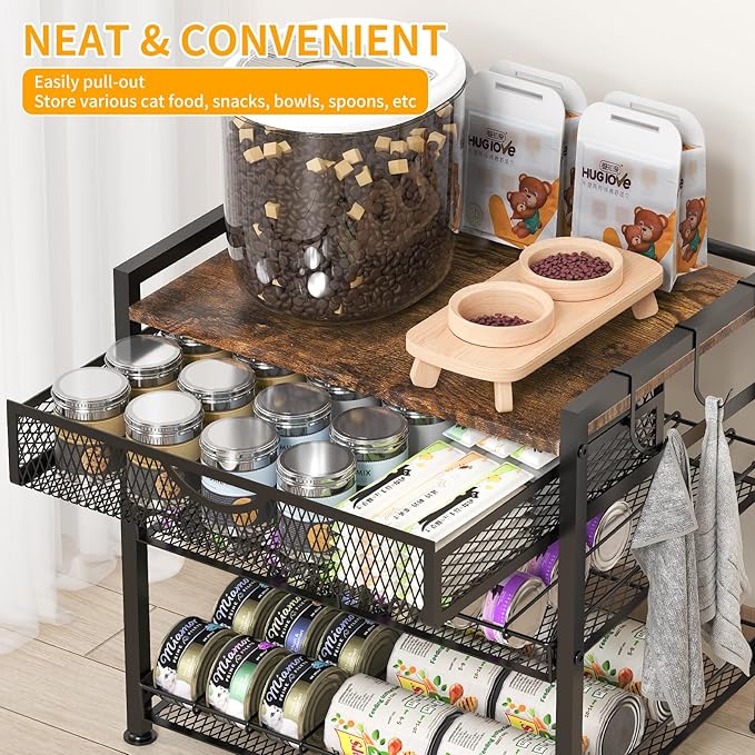 Cat Food Organizer，2 Floors Bring Drawer Storage Rack, Manually Adjust The Gap Size，Store Suitable Can Sizes Container，Automatic Slip Design，Suitable For Pet Food Canned Food Dispenser
