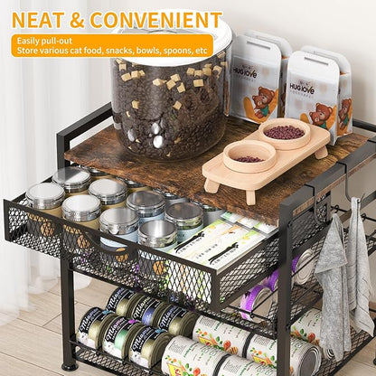 Cat Food Organizer，2 Floors Bring Drawer Storage Rack, Manually Adjust The Gap Size，Store Suitable Can Sizes Container，Automatic Slip Design，Suitable For Pet Food Canned Food Dispenser