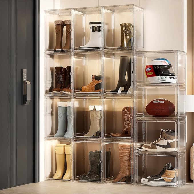 Boot Storage Organizer Tall Boot Shoe Storage Box for Closet 4 Pack Super Large Plastic Boots Container for Storage, Stackable Display Case for Collectibles, Backpack, Helmet, White, XXXXL