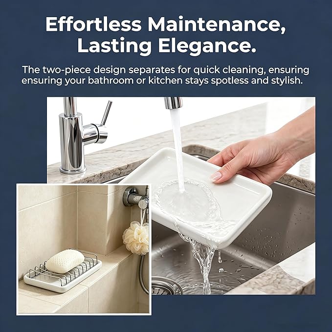 Ceramic Soap Dish with Stainless Steel Drain Tray Self Draining Soap Holder Sponge Holder Soap Dishes for Shower, Bathroom, Kitchen Sink