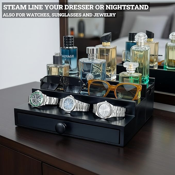 Wooden Cologne Organizer for Men 3 Tier | Black Perfume Holder Shelf for Dresser | High Grade Velvet Lining and Stylish Gift Box | Uncluttered Design Perfume Display Stand