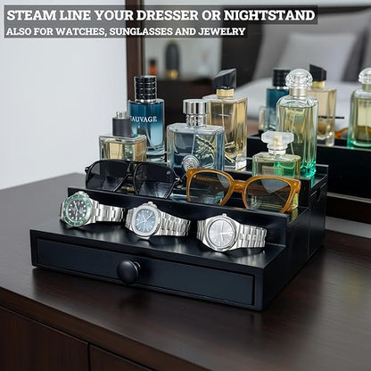 Wooden Cologne Organizer for Men 3 Tier | Black Perfume Holder Shelf for Dresser | High Grade Velvet Lining and Stylish Gift Box | Uncluttered Design Perfume Display Stand