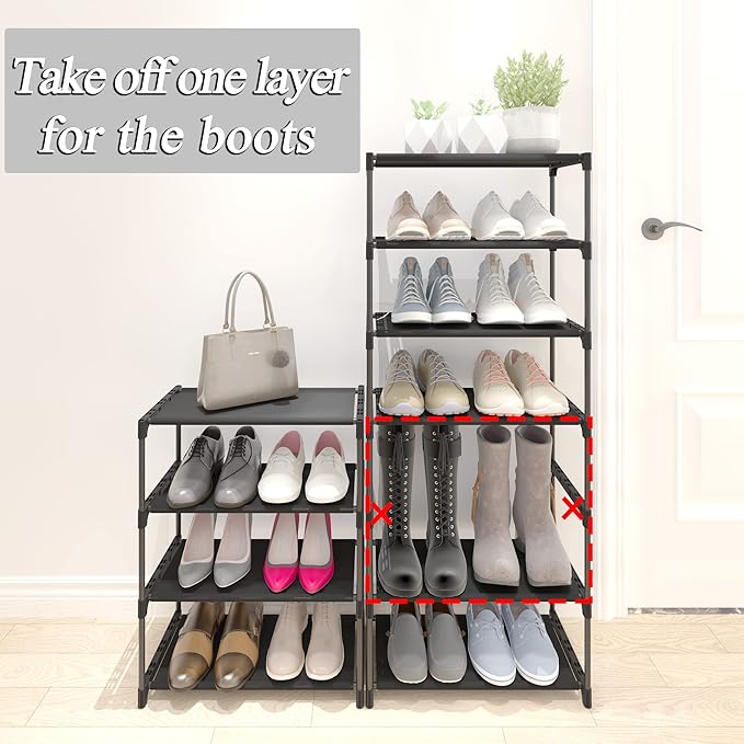 4-Tier Small Shoe Rack Space Saving Shoe Shelf Storage Organizer for Entryway Hallway Closet Bathroom Garage,Stackable Shoe Stand(Black)