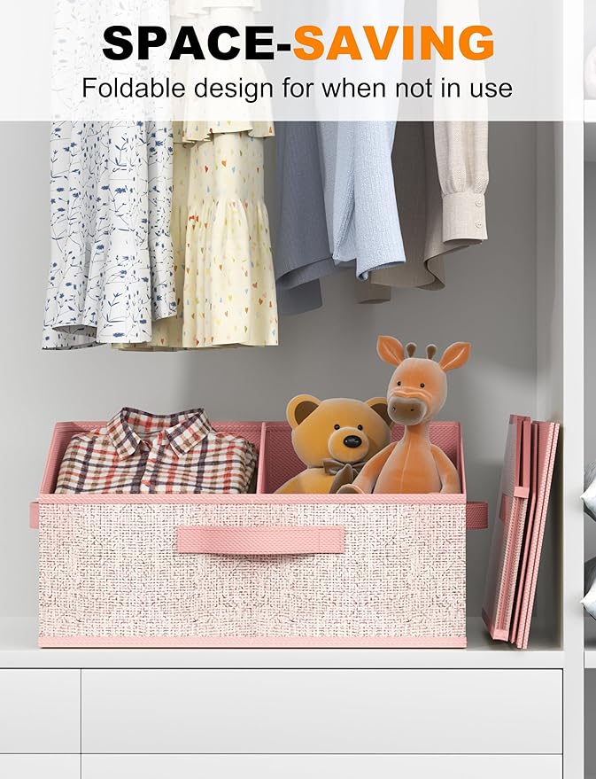 Fabric Wardrobe Storage Bins -6 Pack， Large Pink Foldable With Handles And Dividers Trapezoidal Wardrobe Storage Boxes, Suitable For Storing Clothes, Books, Wallets, Toys, Etc.