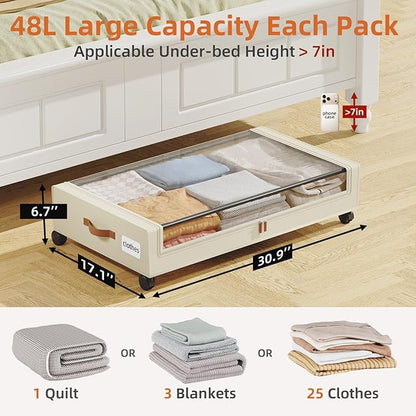 Somdot Under Bed Storage with Wheels, 2 Pack Bed Storage Containers with Dividers & Clear Lids, Easy Pull-out Metal Drawer for Clothes, Shoes,Toys, Blankets (Beige)