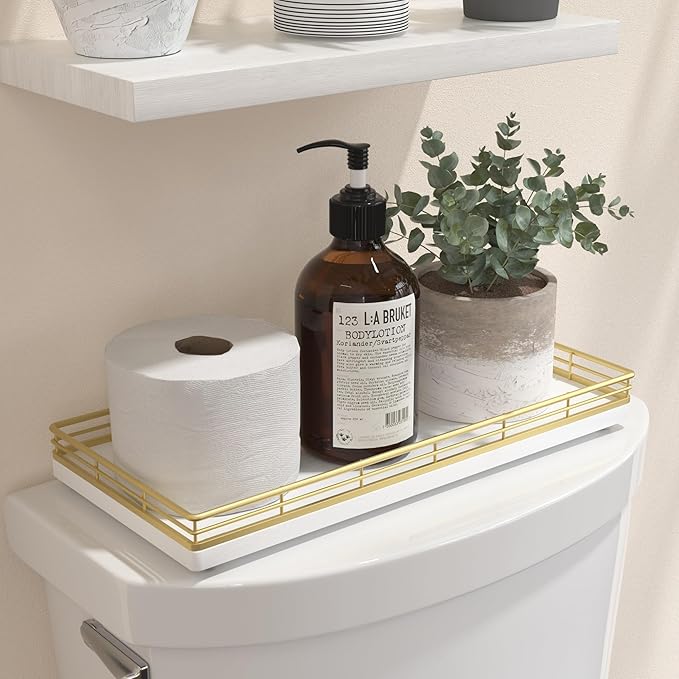 Bathroom Toilet Tank Tray, 13" Wood Toilet Paper Storage Basket Tray Back of Toilet Basket Organizer,Vanity Tray for Perfume Makeup Candle Decor, Gold & White