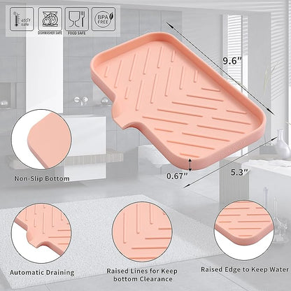 MicoYang Silicone Bathroom Soap Dishes with Drain Spout-Bathroom and Kitchen Sink Organizer,Sponge Holder,Dish Soap Tray,Perfect for Dispenser,Scrubber,Bottle,Cup on Sink or Counter-Pink 9.6"×5.3"