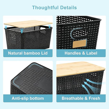 Bagnizer 2 Pack Tall Plastic Storage Bins with Bamboo Lids, 10.8qt Stackable Storages Baskets for Organizing Desktop Closet Playroom Classroom Office, 12"L x 8.3"W x 6.1"H, Black