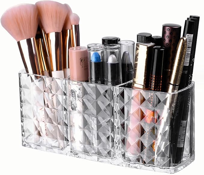 KNC 3 Compartment Acrylic Cosmetic Brushes Storage,Makeup Brush Holder Organizer,Perfect Bathroom Vanity Storage Solution for Makeup Brushes,Eyebrow Pencils,Lipsticks,Nail Polishes, and More