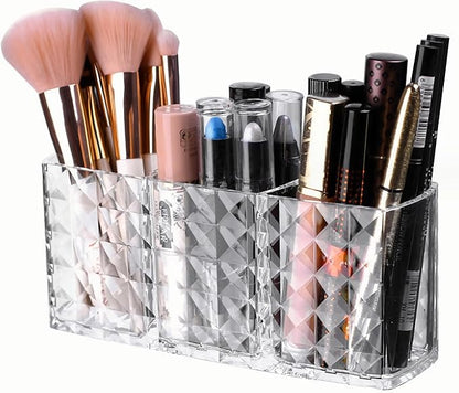 KNC 3 Compartment Acrylic Cosmetic Brushes Storage,Makeup Brush Holder Organizer,Perfect Bathroom Vanity Storage Solution for Makeup Brushes,Eyebrow Pencils,Lipsticks,Nail Polishes, and More