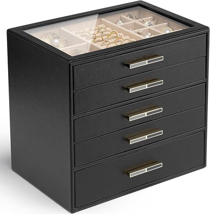VLANDO 5 Layer Jewelry Box for Women, Glass Lid Jewelry Organizer with 5 Drawers for Necklaces Rings Earrings Bracelets - Black