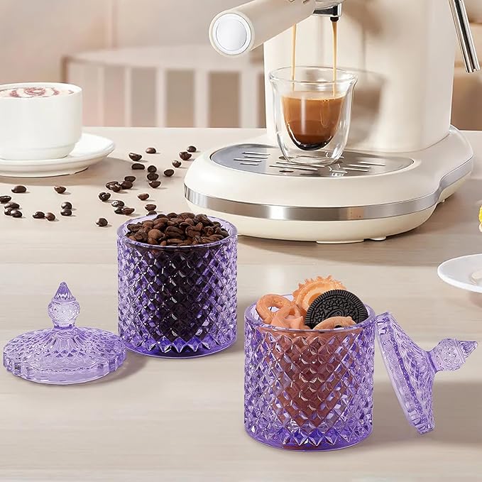 rejomiik 2 Pack Qtip Holder Thick Glass Apothecary Jars with Lid for Bathroom Decor Storage Organizer for Cotton Swabs, Balls, Pads, Floss Picks, Candy, Jewelry, Purple