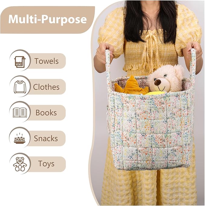 Storage Basket Boho Fabric Large Collapsible Floral Laundry Nursery Hamper Portable Folding Storage for Clothes Toys (Blue Floral)