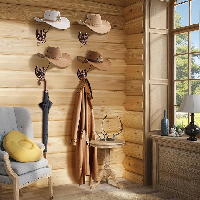 Cowboy Hat Organizer Rack for Wall 4 Pack Metal Cowboy Hat Holder Wall Mounted Iron Western Wall Decor Horseshoe Hat Hanger for Storage and Display at Closet Bedroom Living Room