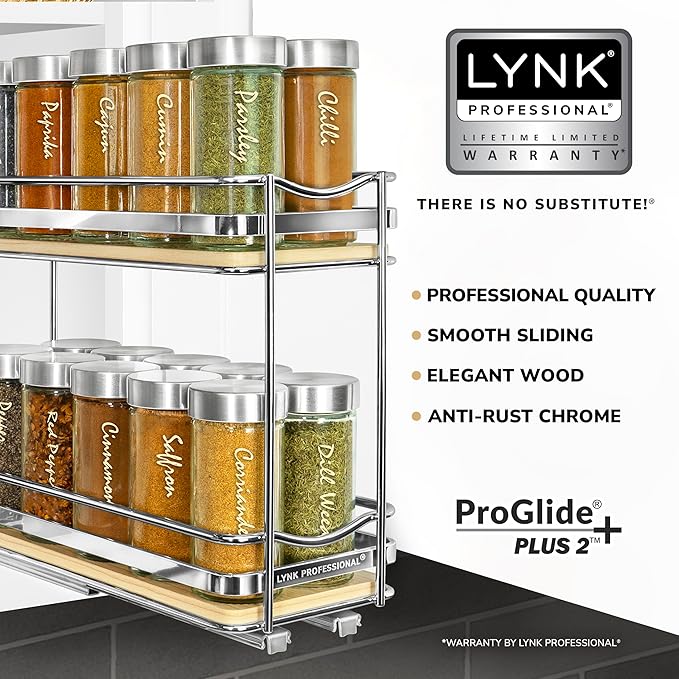 LYNK PROFESSIONAL® Élite™ Pull Out Spice Organization for Cabinets - 4-3/8 inch Wide – Spice Rack for Inside Cabinets – Wood/Chrome - Sliding Spice Rack Organizer for cabinet – Spice Rack - 2 Tier
