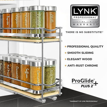 LYNK PROFESSIONAL® Élite™ Pull Out Spice Organization for Cabinets - 4-3/8 inch Wide – Spice Rack for Inside Cabinets – Wood/Chrome - Sliding Spice Rack Organizer for cabinet – Spice Rack - 2 Tier