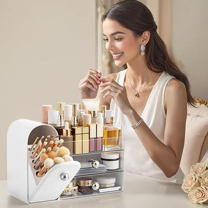 HBlife Makeup Organizer Countertop with Drawers, Vanity Organizers with Brush Holder, Bathroom Counter Organizer for Perfume, Nail Polishes, Lipsticks, Skincare and Eyeshadow Palettes, White Sliver