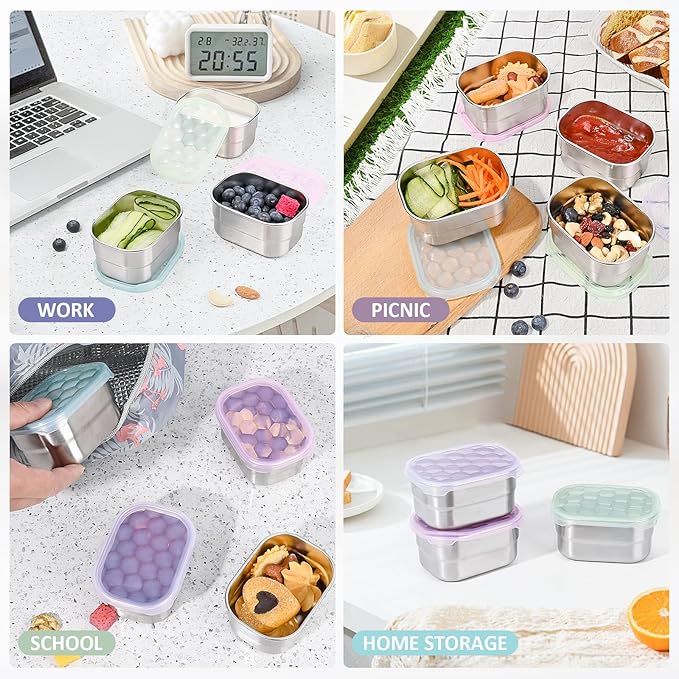 Tanjiae 8oz Small (1 CUP) Stainless Steel Snack Containers for Kids and Toddlers (Ages 1-3) | Easy Open Leak Proof Food Containers with Silicone Lids - Perfect Metal Lunch Box for Daycare and School