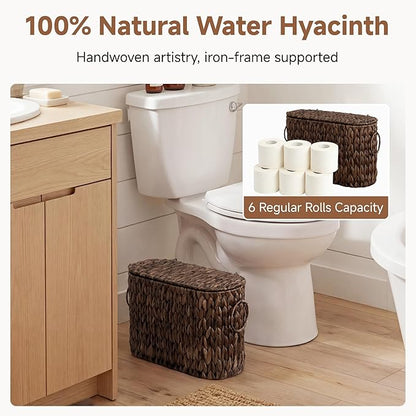 StorageWorks Bathroom Toilet Paper Storage Holder with Lid, Wicker Toilet Paper Basket for 6 Regular Rolls, Slim Basket Organizer with Handles, Water Hyacinth Storage Baskets for Bathroom, Brown