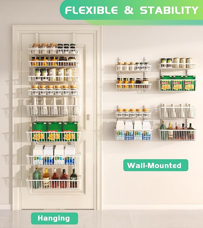 Mefirt Over The Door Pantry Organizer, Pantry Organization and Storage, 8-Tier Deep Baskets Hanging Heavy-Duty Metal, Wall Spice Rack Seasoning Shelves for Home & Kitchen, Laundry Room Bathroom, White
