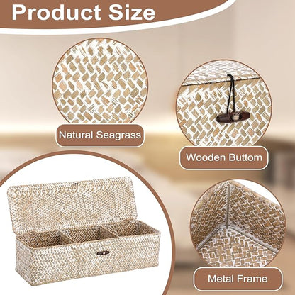 Hipiwe Storage Basket with Lid 3 Sections Handwoven Seagrass Basket Rectangular Closet Organizer Bin Multipurpose Storage Box for Bathroom Shelf Kitchen, Whitewash