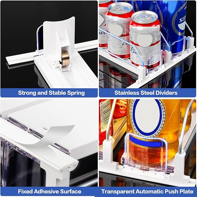 Drink Organizer for Mini Fridge, Automatic Pusher Drink Dispenser for Refrigerator, Soda Can Organizer for Beer Beverage Bottle Holds up to 12 Cans 3 Row (Depth 12.2" x Wide 9.9") White