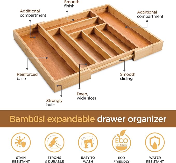 Bambüsi Bamboo Expandable Drawer Organizer for Utensils - Adjustable Cutlery Tray with Dividers for Silverware, Flatware, and Knives in Kitchen, Bedroom, or Living Room Storage Organization