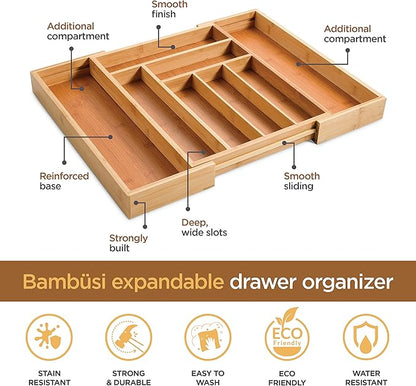 Bambüsi Bamboo Expandable Drawer Organizer for Utensils - Adjustable Cutlery Tray with Dividers for Silverware, Flatware, and Knives in Kitchen, Bedroom, or Living Room Storage Organization
