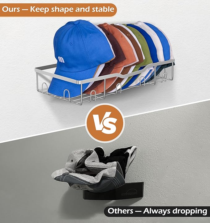 KEETDY Metal Hat Racks for Baseball Caps Wall Hat Organizer Fit 48 Caps Holder, 2 Packs Sturdy Wall Mounted Snapback Storage Organizer, Silver