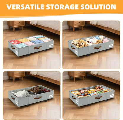 Under Bed Storage with Wheels,Underbed Storage with Sturdy Sidewalls/Bottom, Clear Cover, Label and PU Handle, Rolling Under Bed Drawers for Clothes, Shoes, 5.5 Inch Height,Grey, 2 Pack