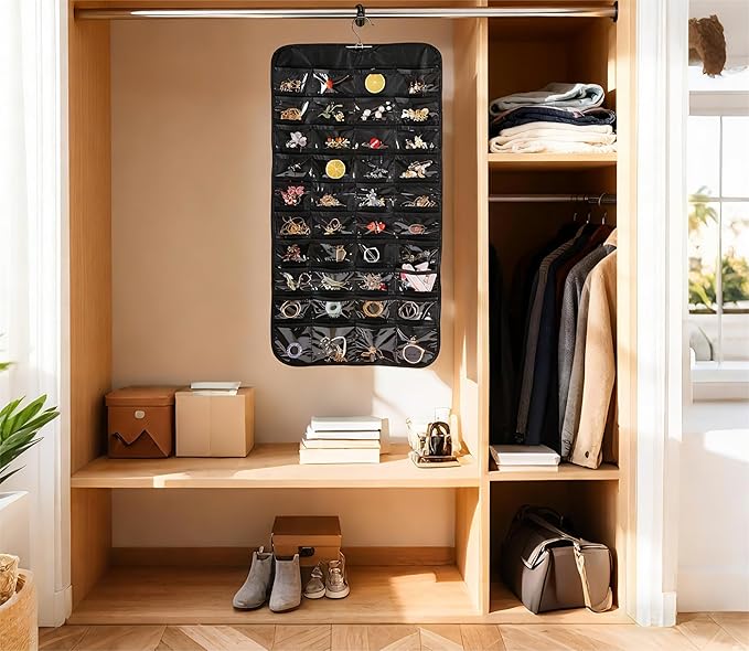 Bloss Hanging Jewelry Organizer for Closet, 80 Pockets Earring Holder Organizer and storage, Earring Organizer Hanging Jewelry Holder Storage for Women Gift, Wall Earring Holder for Girls, Black