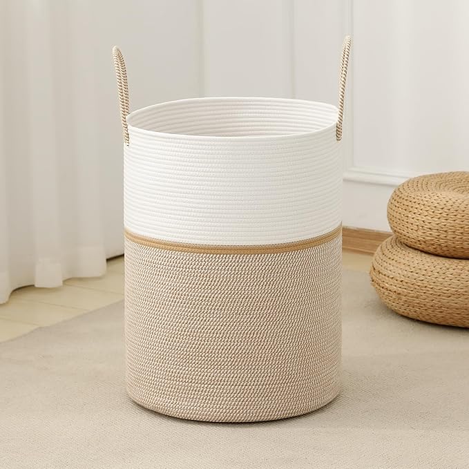Laundry Basket Hamper Tall Rope Storage Woven for Blanket toys Dirty Clothes in Living Room Bathroom Bedroom (Blend White & Camel, 60L/15.8Gal)